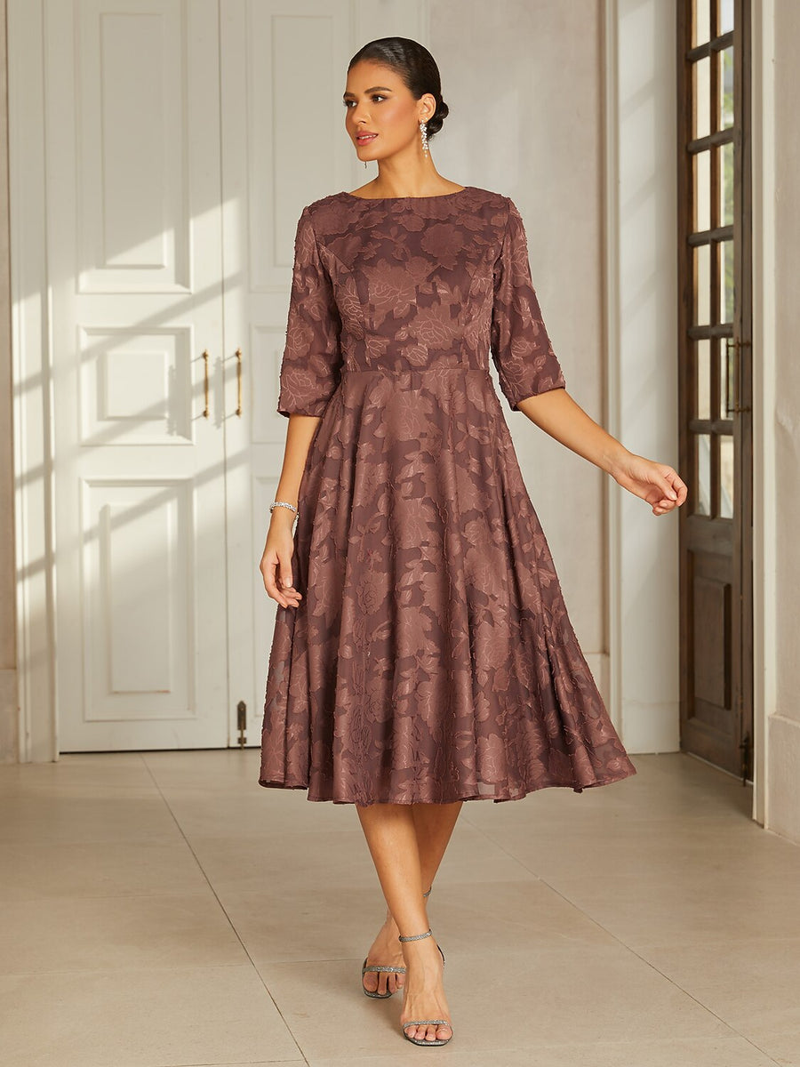 Brown Floral Jacquard Pleated Midi Dress