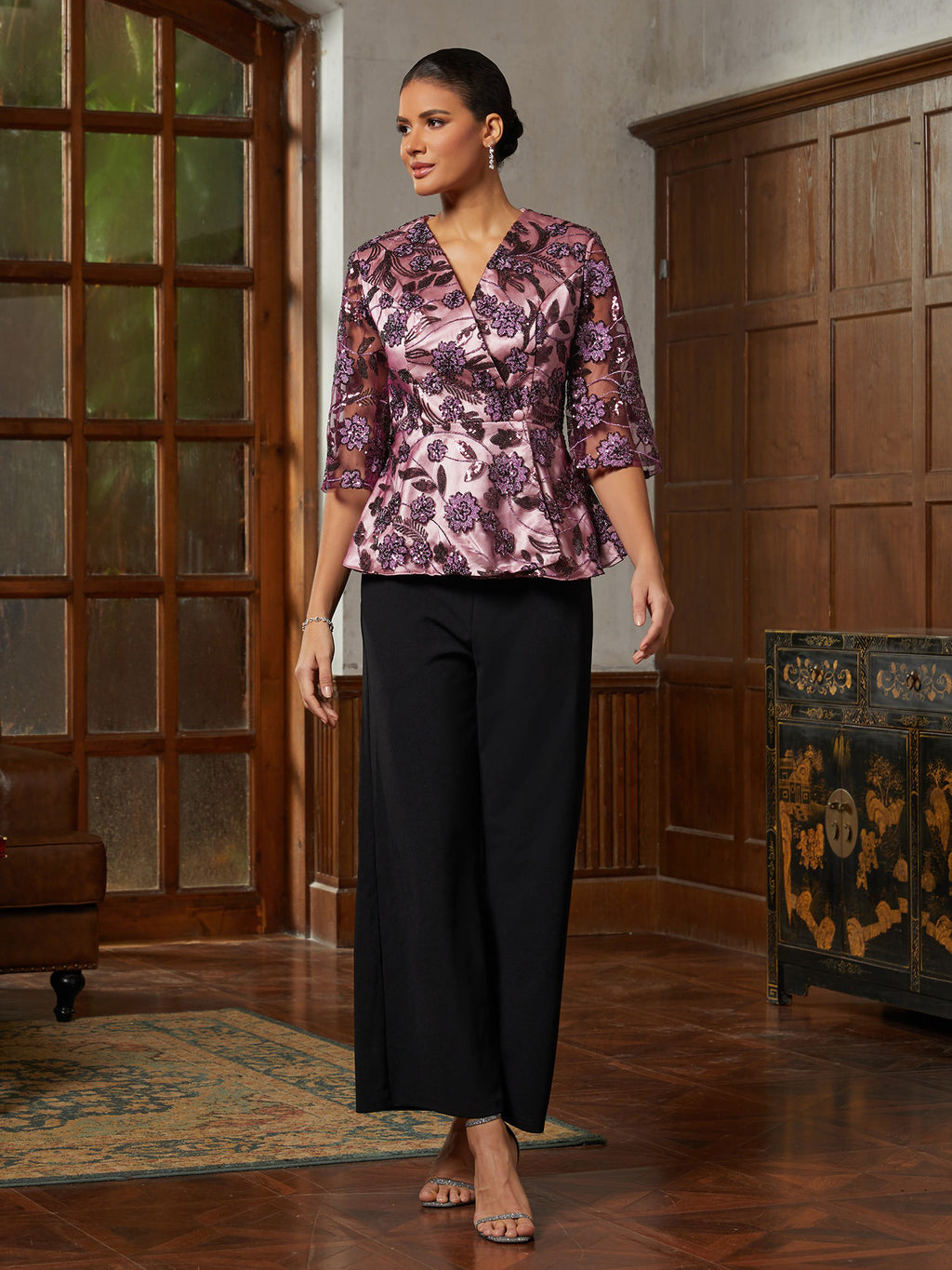 Purple Sequin Lace Satin Blouse