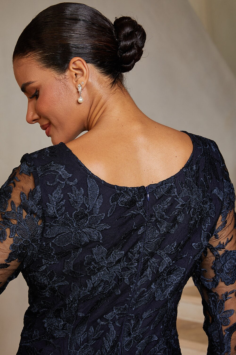 Navy Lace-Inset Satin Midi Dress