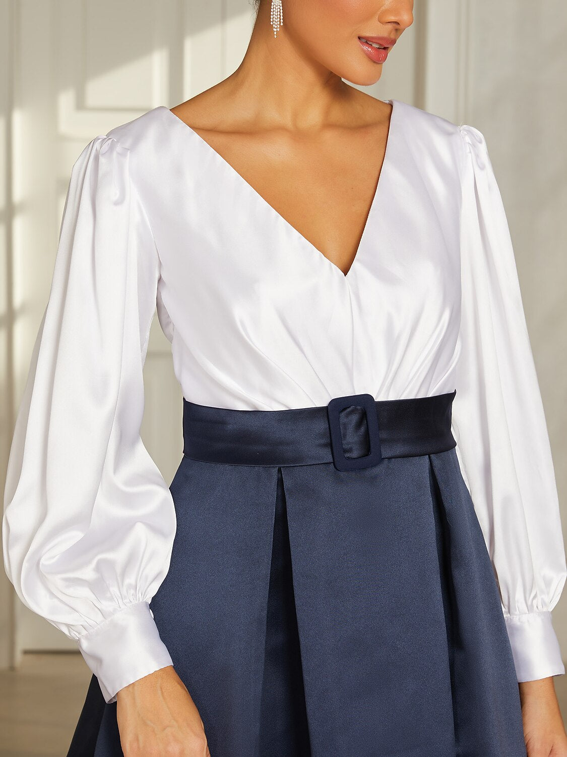 Navy Satin V-Neck Midi Dress