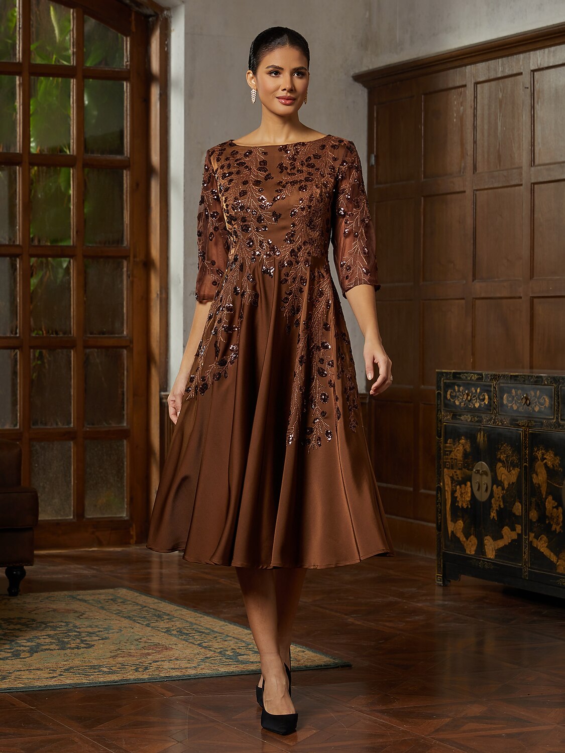 Brown Sequin Satin Midi Dress