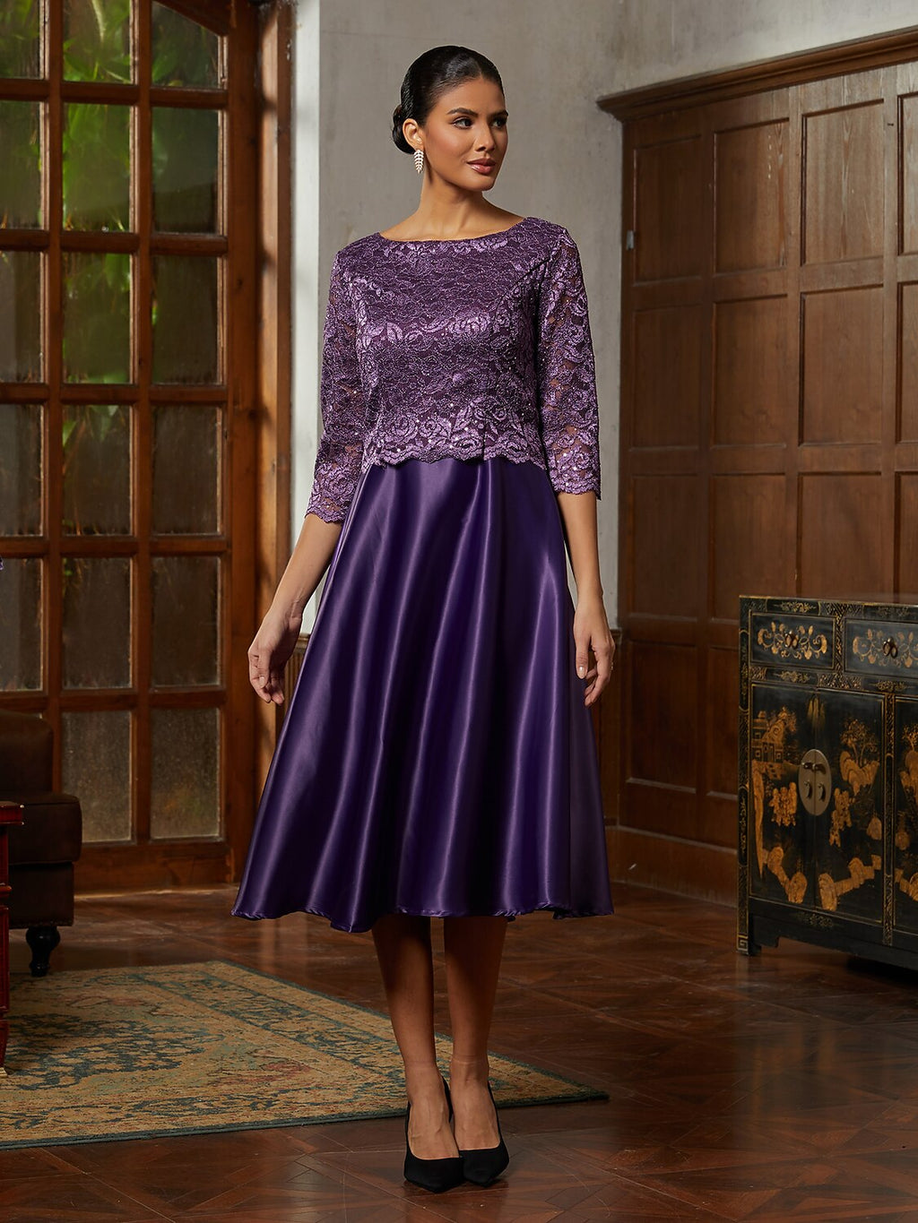 Purple Lace A-Line Midi Dress