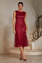 Embroidered Tulle Trumpet Midi Dress