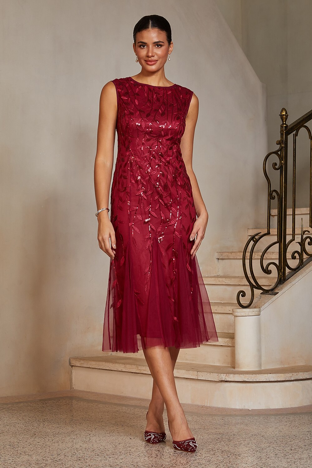 Embroidered Tulle Trumpet Midi Dress