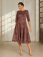 Brown Floral Jacquard Pleated Midi Dress