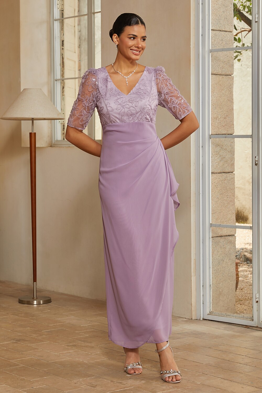 Floral Appliqué Chiffon Column Gown