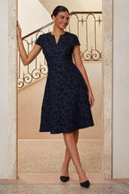 Navy Pleated Jacquard Midi Dress