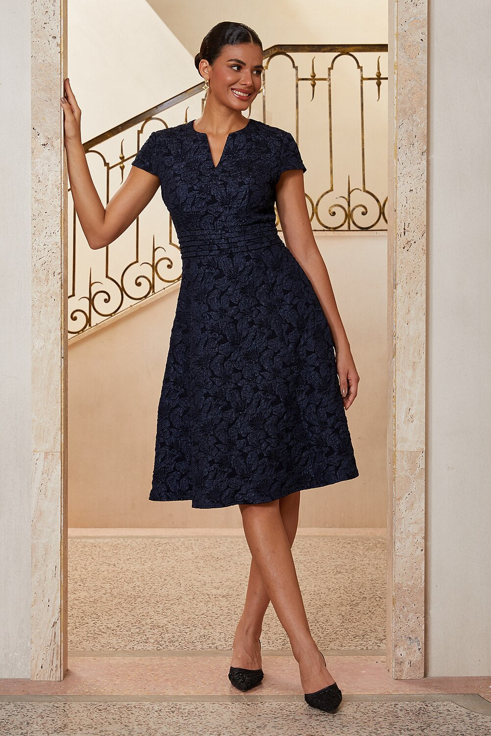 Navy Pleated Jacquard Midi Dress