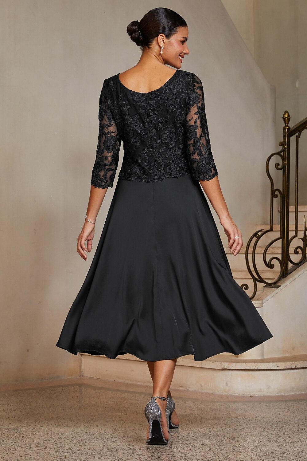 Black Lace-Inset Satin Midi Dress