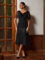 Black Glitter Charmeuse Midi Dress
