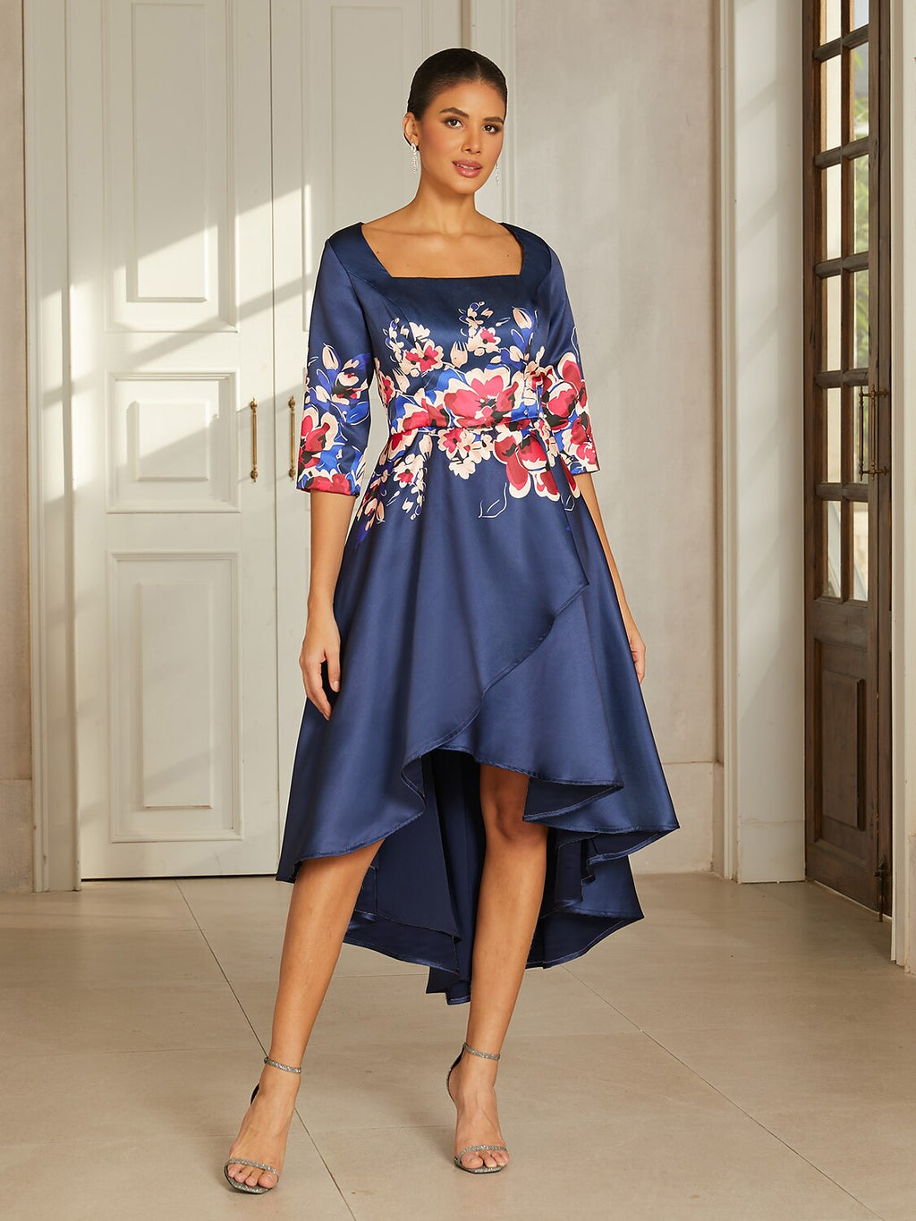 Slate Blue Floral Satin High-Low Dress