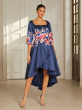Slate Blue Floral Satin High-Low Dress
