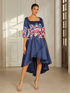 Slate Blue Floral Satin High-Low Dress