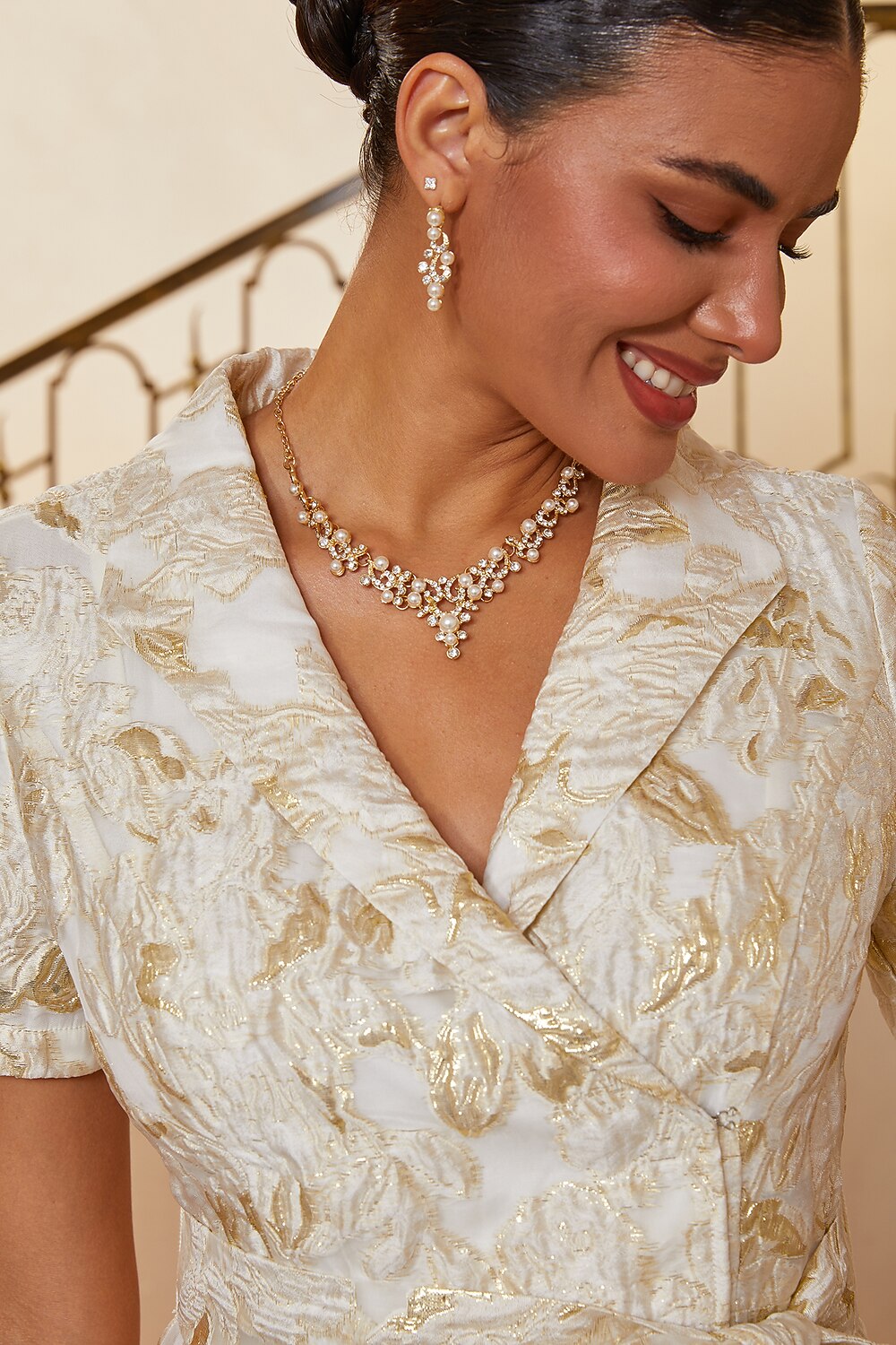 Floral Jacquard Belted Gown