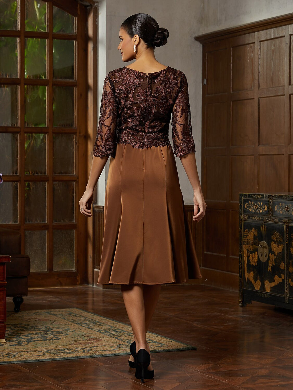 Brown Lace Trumpet Midi Dress