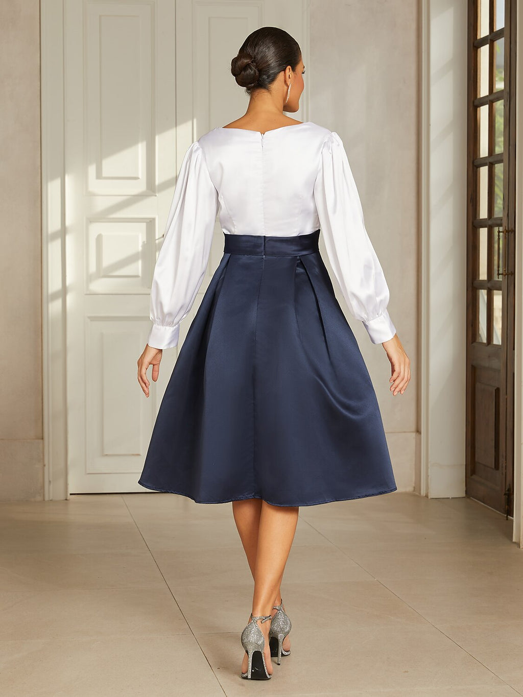 Navy Satin V-Neck Midi Dress