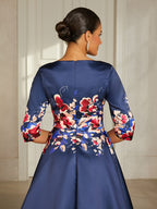 Slate Blue Floral Satin High-Low Dress