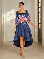 Slate Blue Floral Satin High-Low Dress