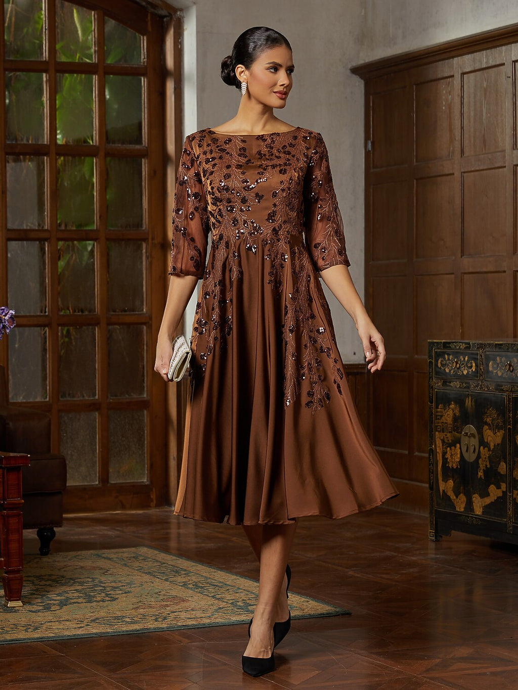 Brown Sequin Satin Midi Dress