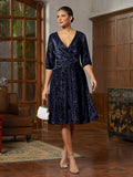 Navy Velvet A-Line Midi Dress