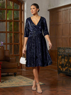 Navy Velvet A-Line Midi Dress