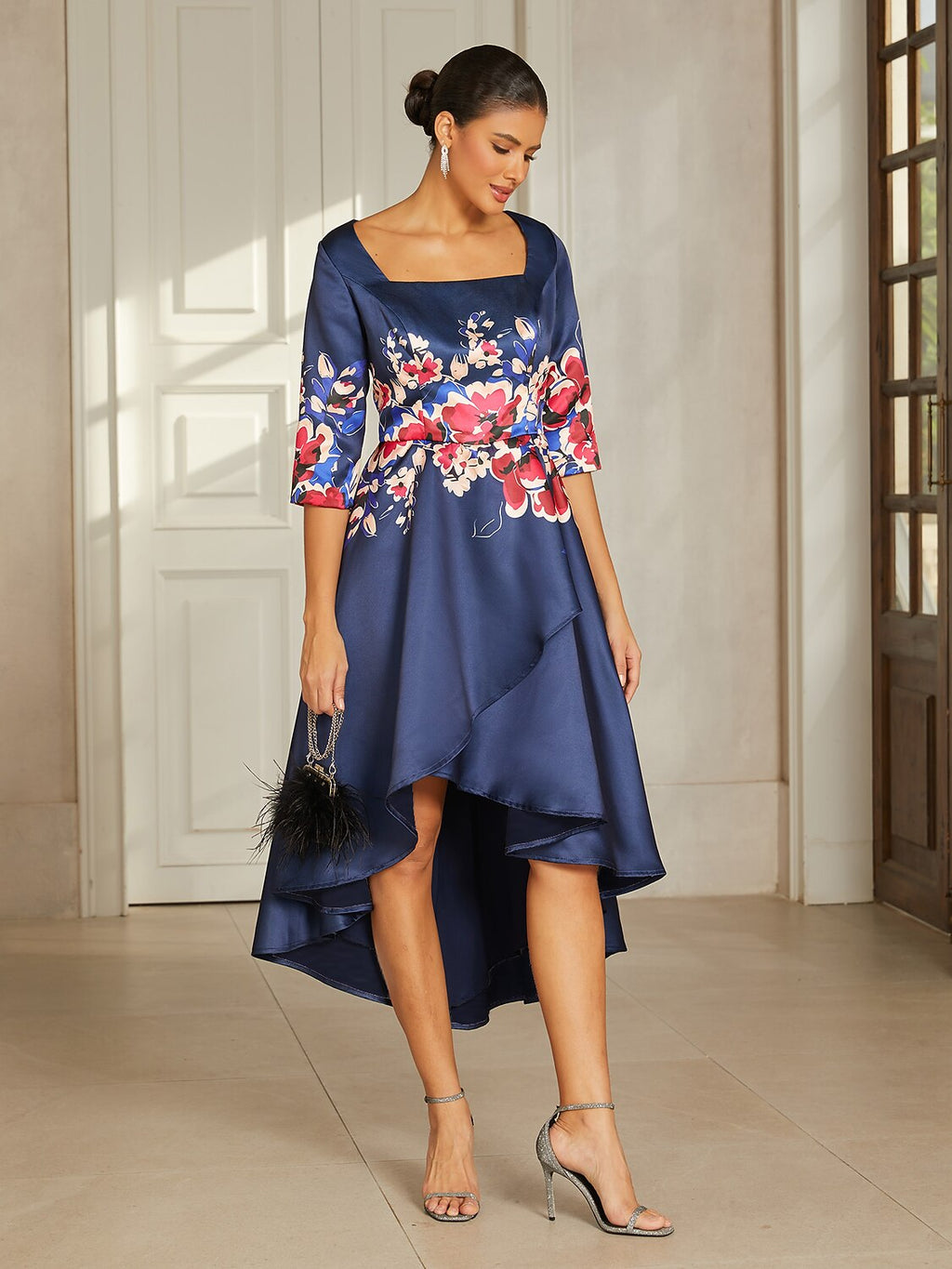 Slate Blue Floral Satin High-Low Dress