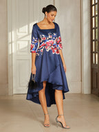 Slate Blue Floral Satin High-Low Dress