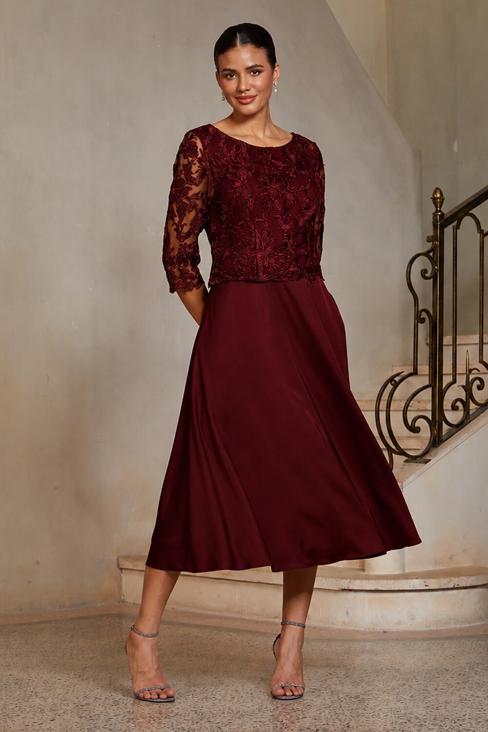 Burgundy Lace-Inset Satin Midi Dress