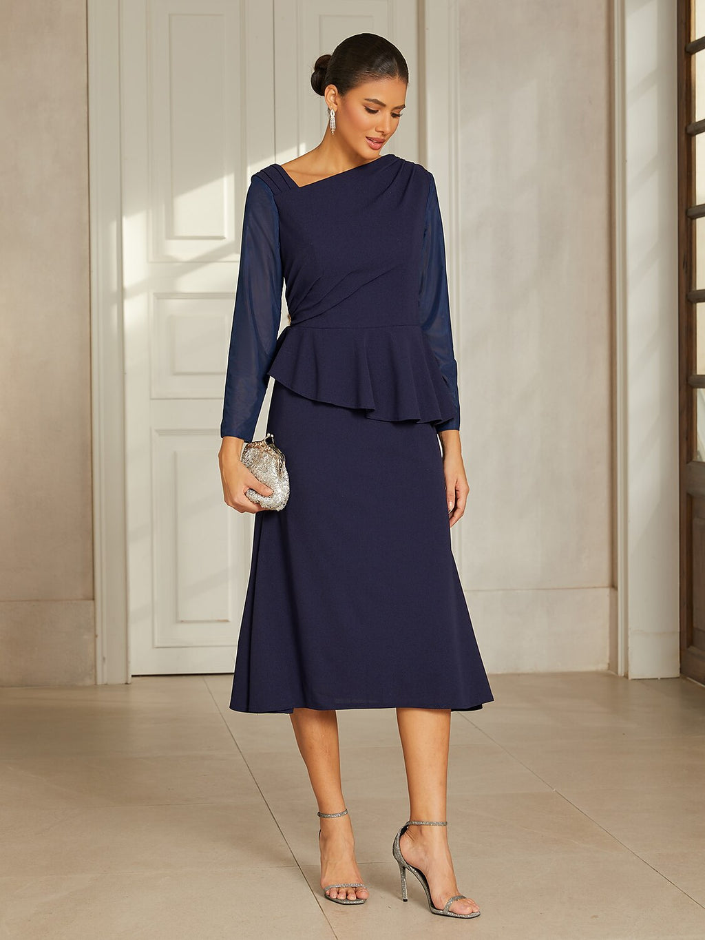 Navy Ruffle Mesh Midi Dress