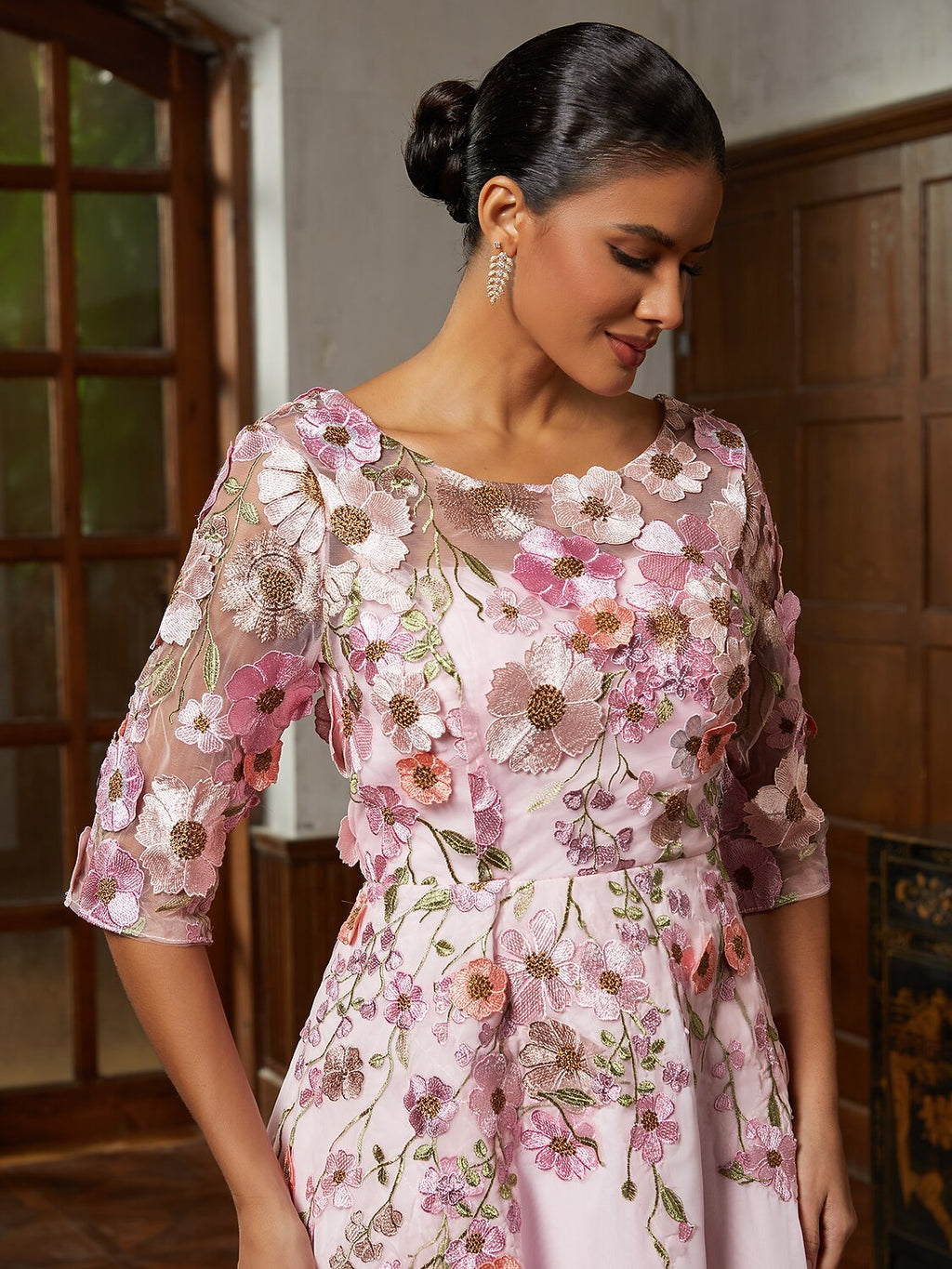 Pink Floral Appliqué Tulle Dress