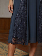 Navy Chiffon Illusion-Sleeve Midi Dress