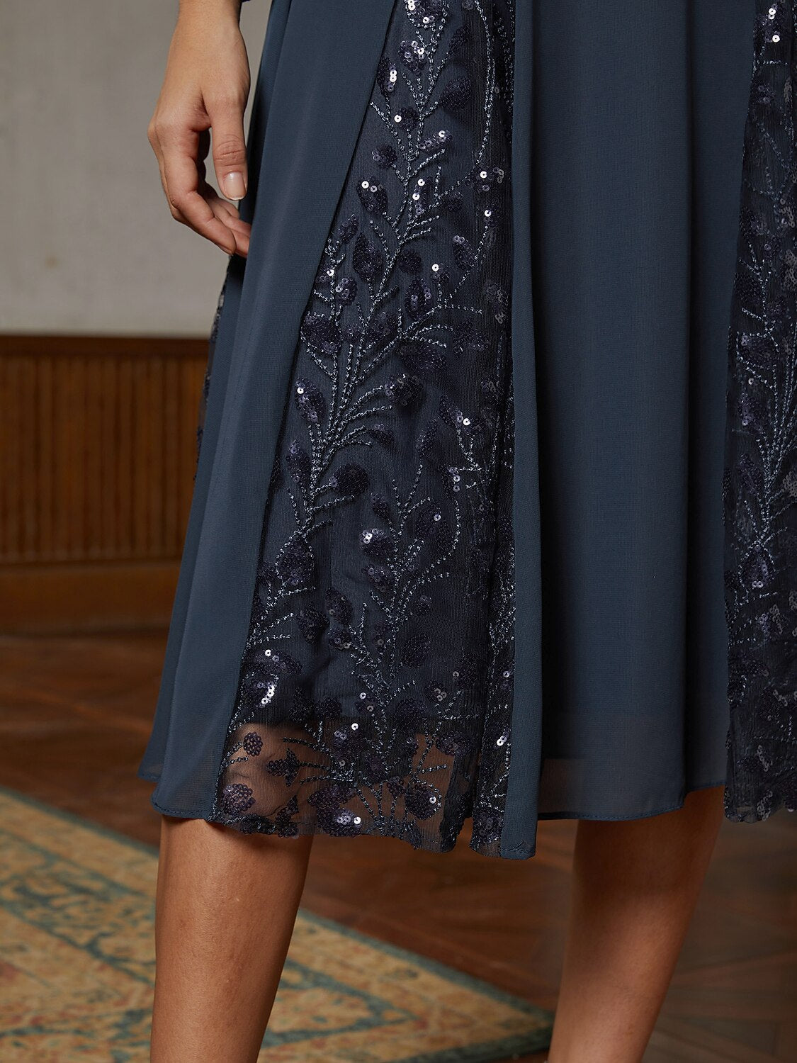 Navy Chiffon Illusion-Sleeve Midi Dress