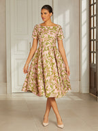 Pink Floral Jacquard Pleated Midi Dress