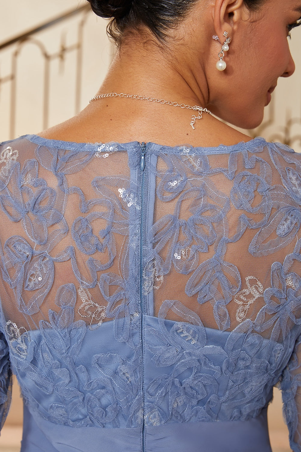 Floral Appliqué Chiffon Slit Gown