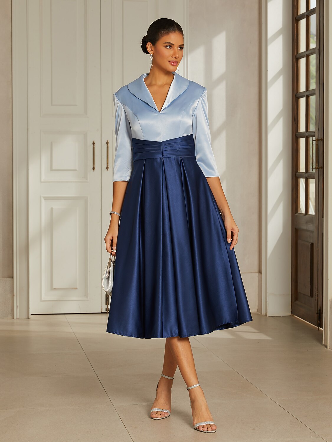Sea Blue Satin Collared Midi Dress
