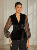 Black Velvet Lantern-Sleeve Blouse