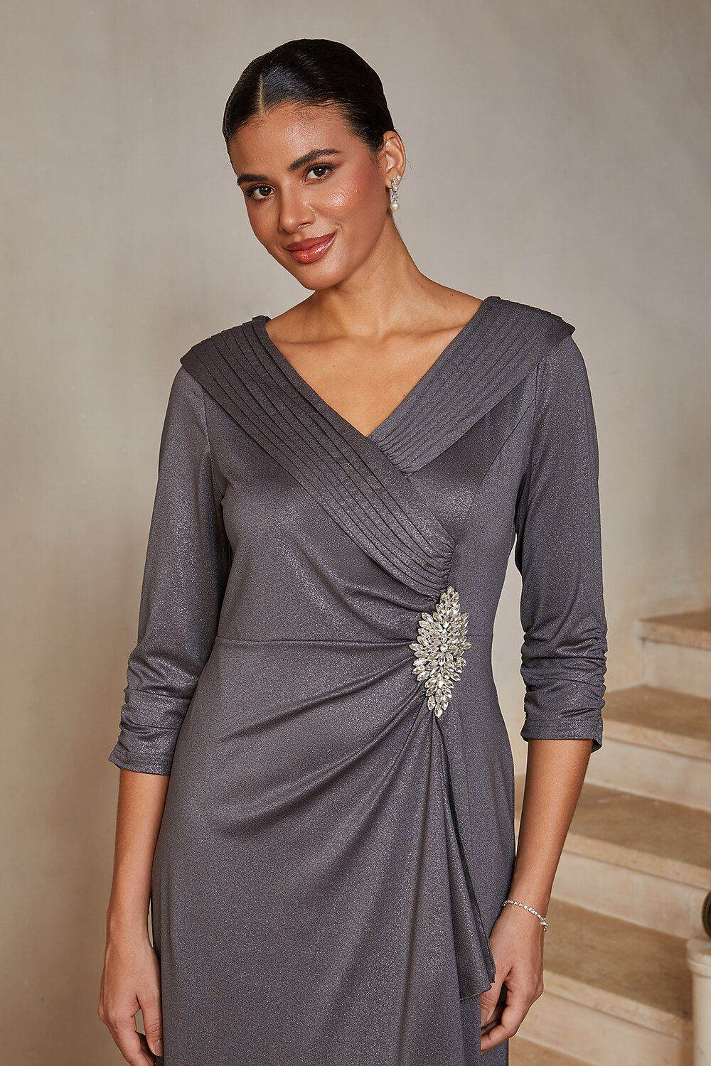 Portrait-Collar Draped Midi Dress