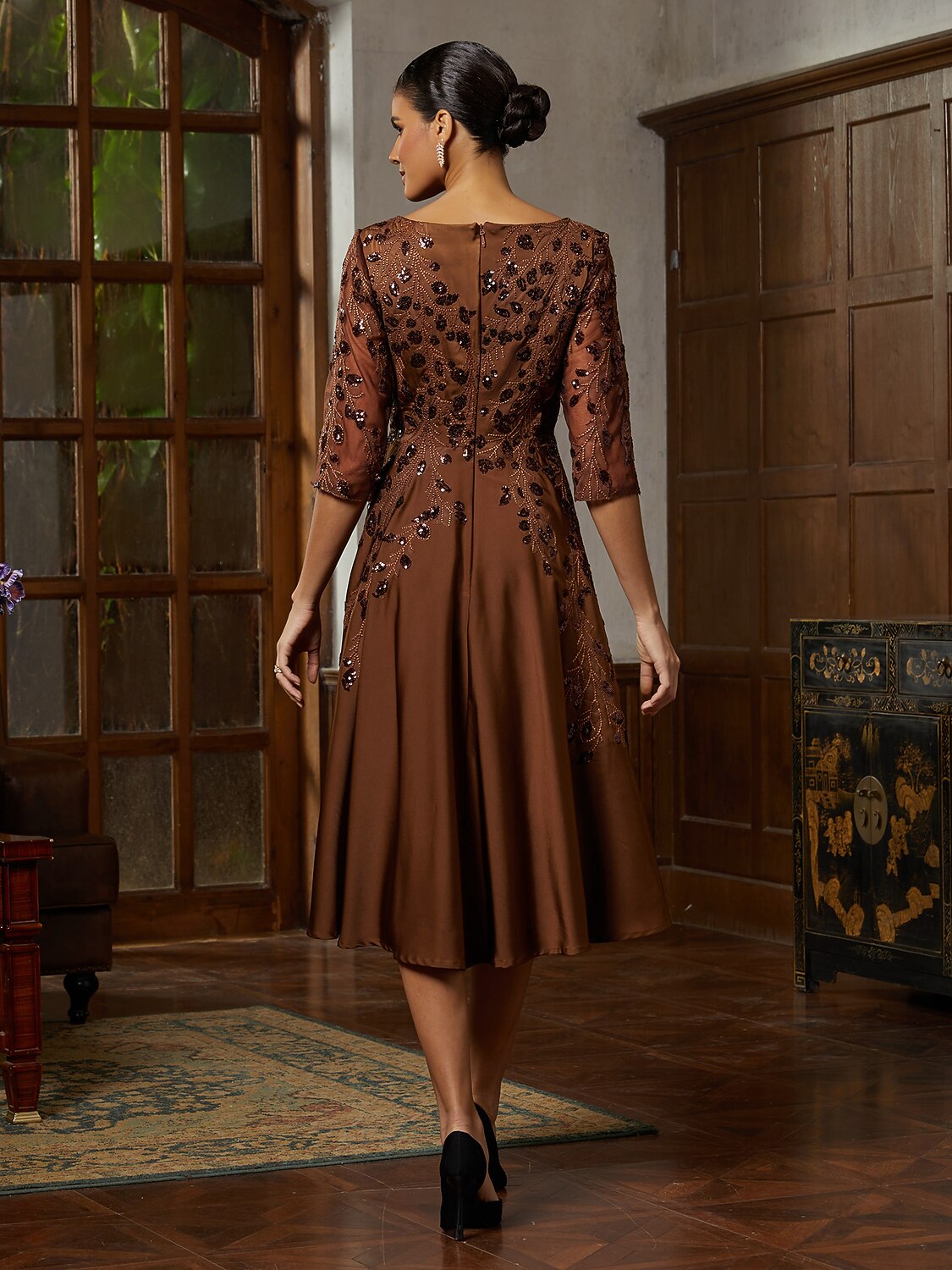 Brown Sequin Satin Midi Dress