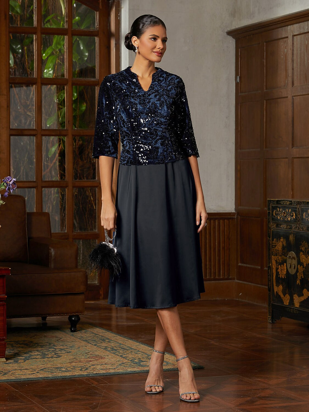 Navy Sequin Velvet Midi Dress