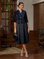 Navy Sequin Velvet Midi Dress