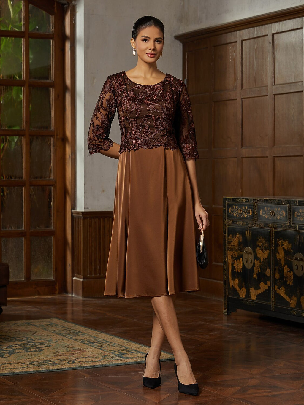 Brown Lace Trumpet Midi Dress