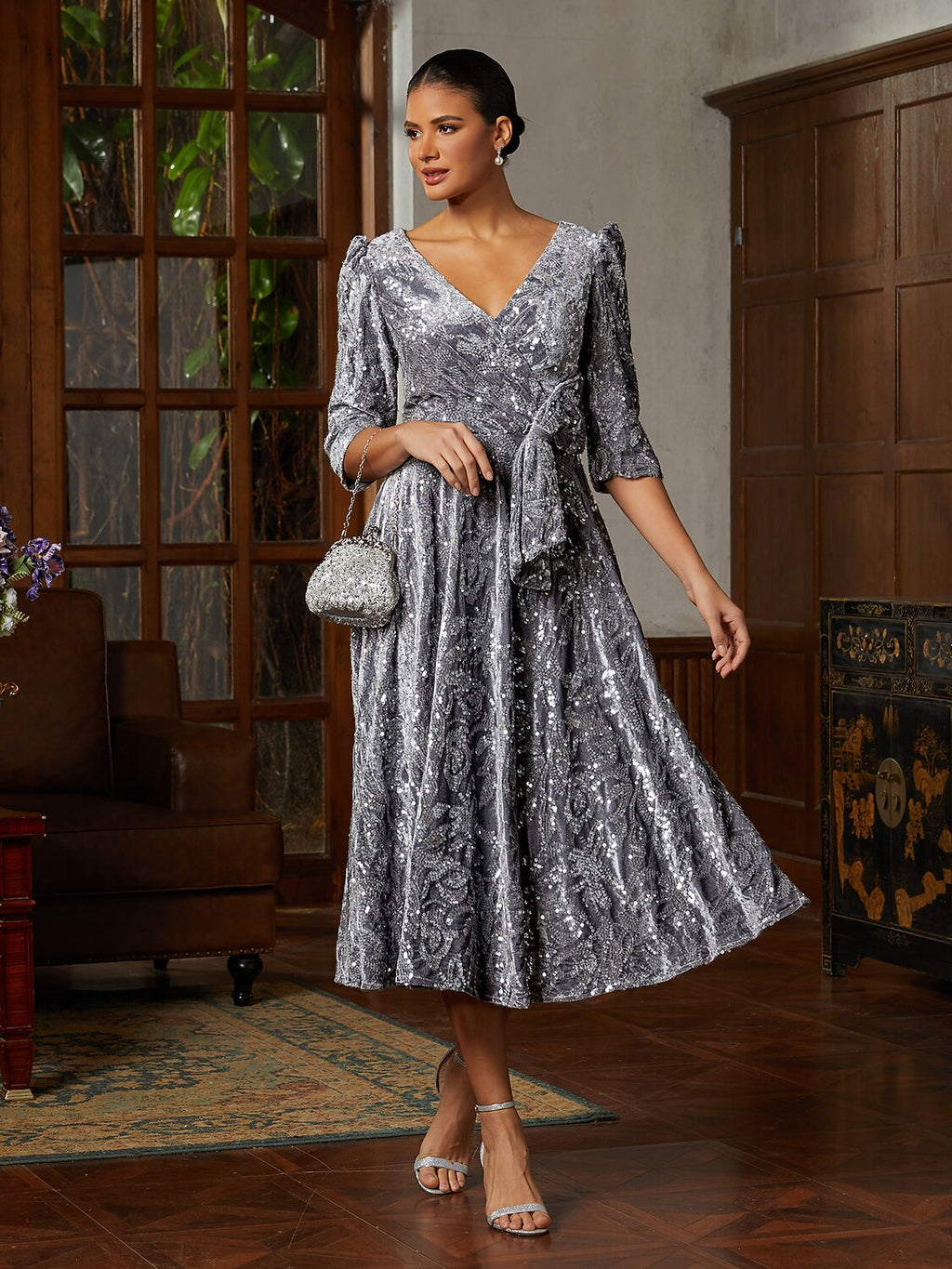 Grey Velvet V-Neck Midi Dress