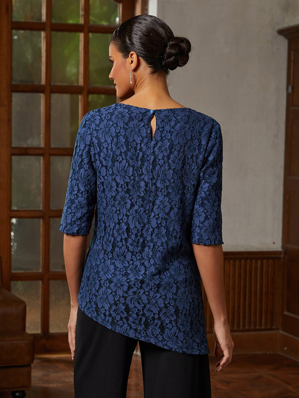Dark Navy Lace Asymmetrical Blouse