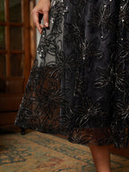 Black Tulle Illusion-Sleeve Midi Dress