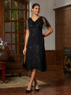 Black Glitter Charmeuse Midi Dress