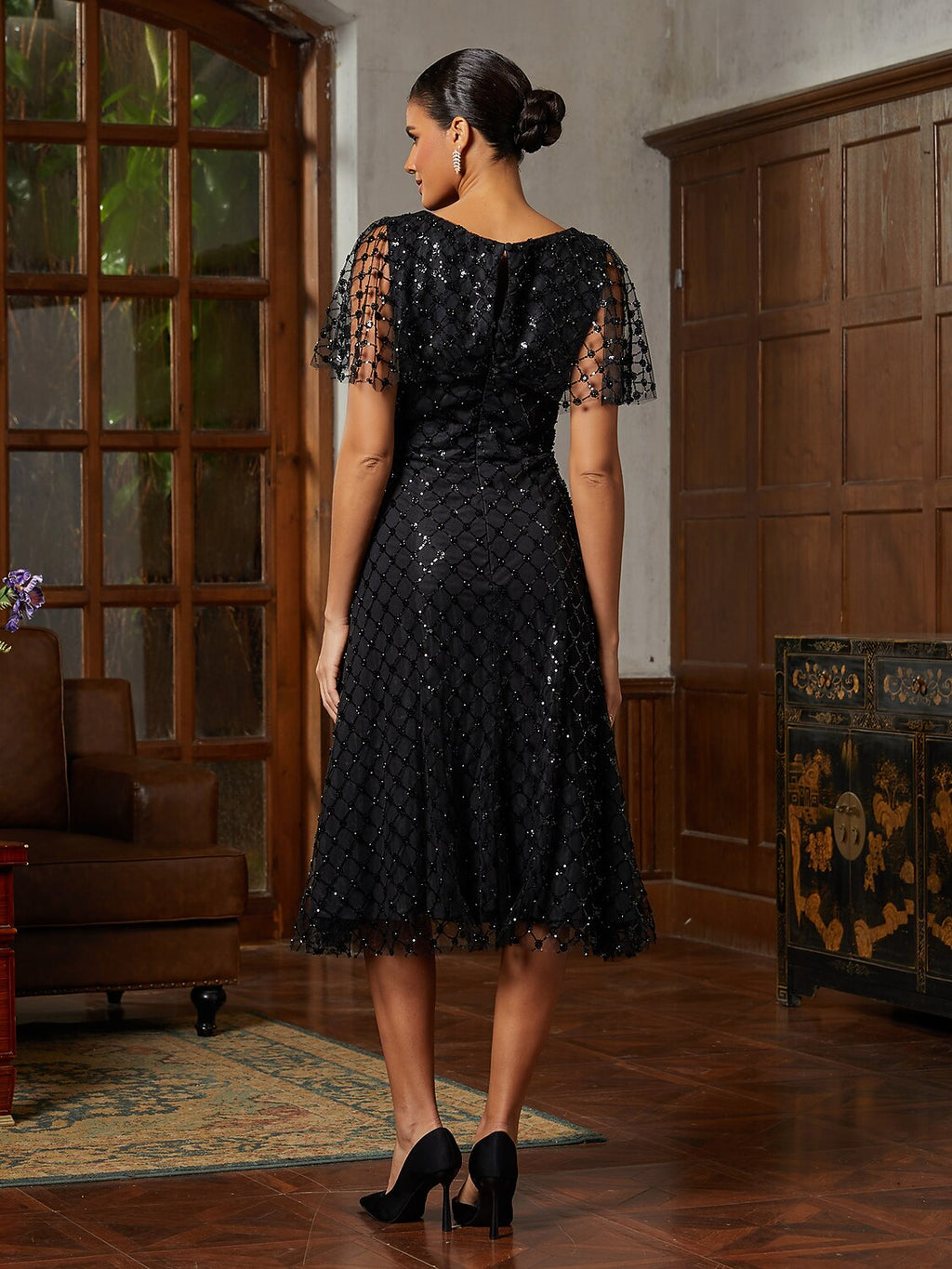 Black Glitter Charmeuse Midi Dress