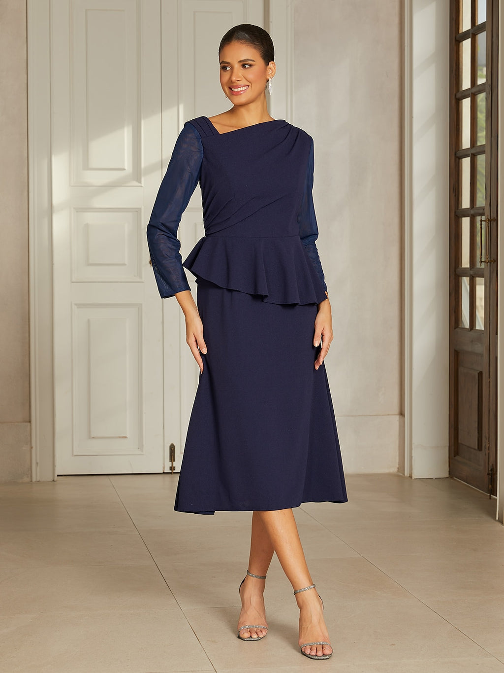 Navy Ruffle Mesh Midi Dress