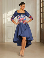 Slate Blue Floral Satin High-Low Dress