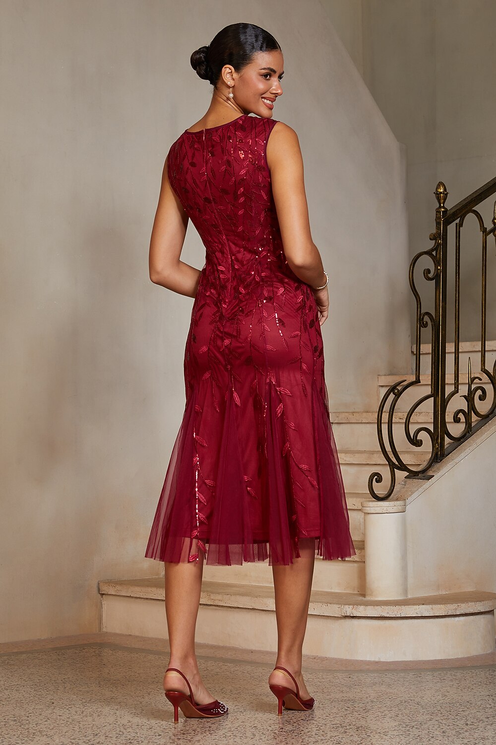 Embroidered Tulle Trumpet Midi Dress