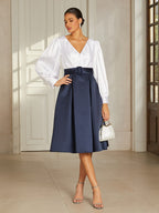 Navy Satin V-Neck Midi Dress